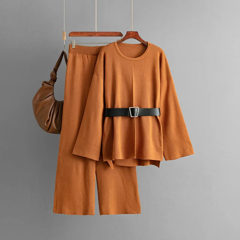 Casual Set Women's Belted Top + Loose Wide-Leg Pants 2-Piece