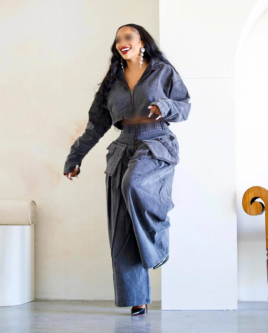 Jeans Baggy High Waist Cargo Distress Jeans Two Piece Set Women Clothing