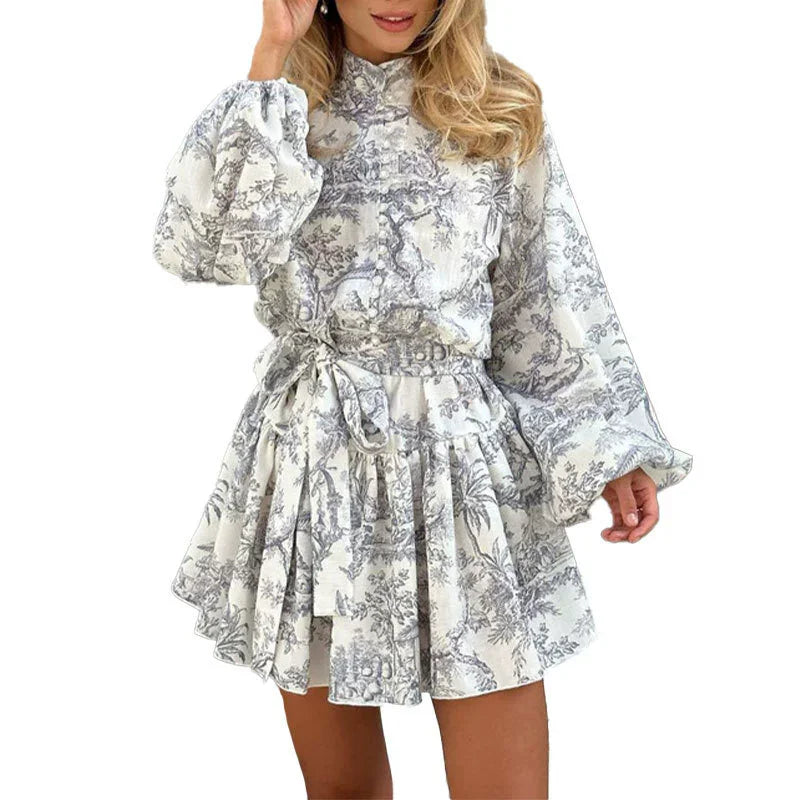 S-3XL Puff Long Sleeve Dress Mini Floral Print Short Square Collar Party Club Bodycon Winter Women Dresses Female Elegant