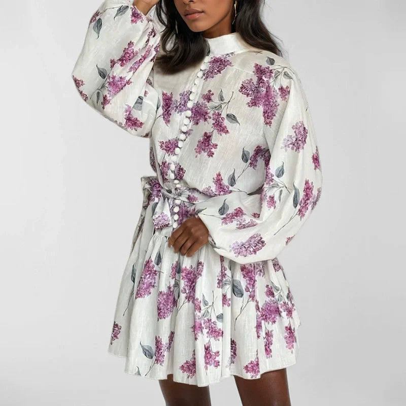 S-3XL Puff Long Sleeve Dress Mini Floral Print Short Square Collar Party Club Bodycon Winter Women Dresses Female Elegant