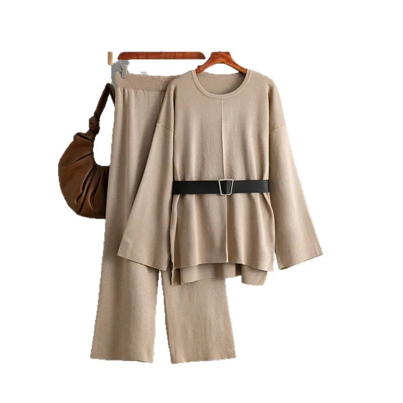 Casual Set Women's Belted Top + Loose Wide-Leg Pants 2-Piece