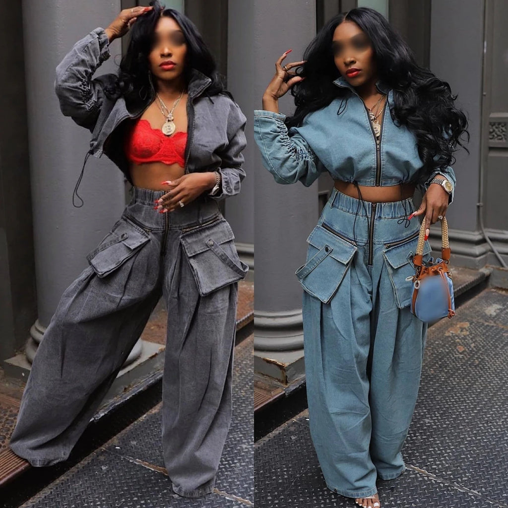 Jeans Baggy High Waist Cargo Distress Jeans Two Piece Set Women Clothing