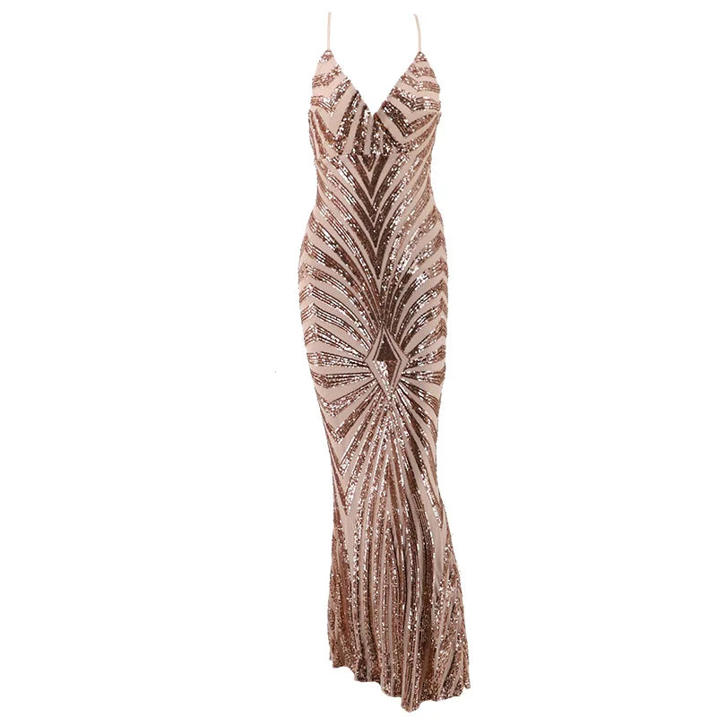 S-XL  New Summer Sequined Sexy Suspender Halter Long Dress  Evening Party Deep V-neck Mopping Women  Dresses