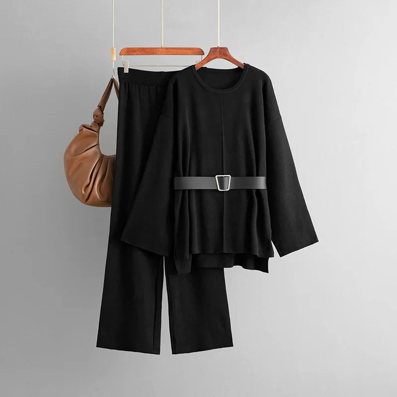 Casual Set Women's Belted Top + Loose Wide-Leg Pants 2-Piece