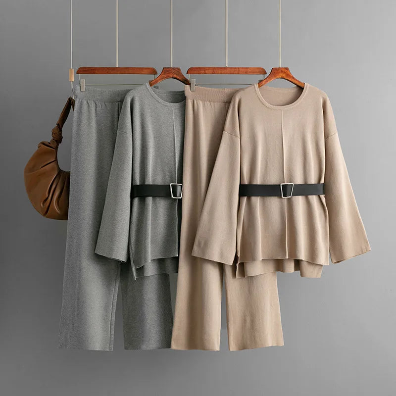 Casual Set Women's Belted Top + Loose Wide-Leg Pants 2-Piece