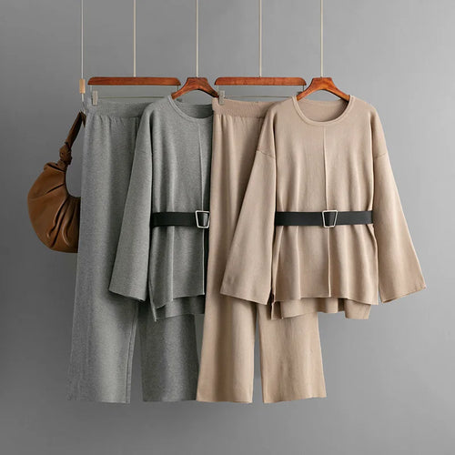 Casual Set Women's Belted Top + Loose Wide-Leg Pants 2-Piece