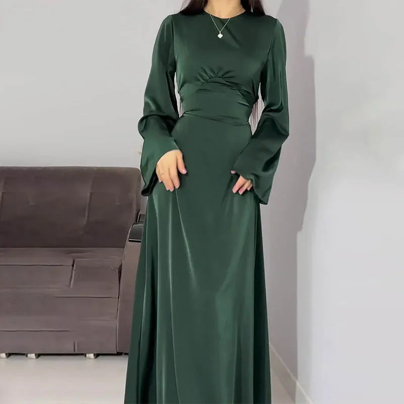 Women Clothing Solid Satin Dress with Belt