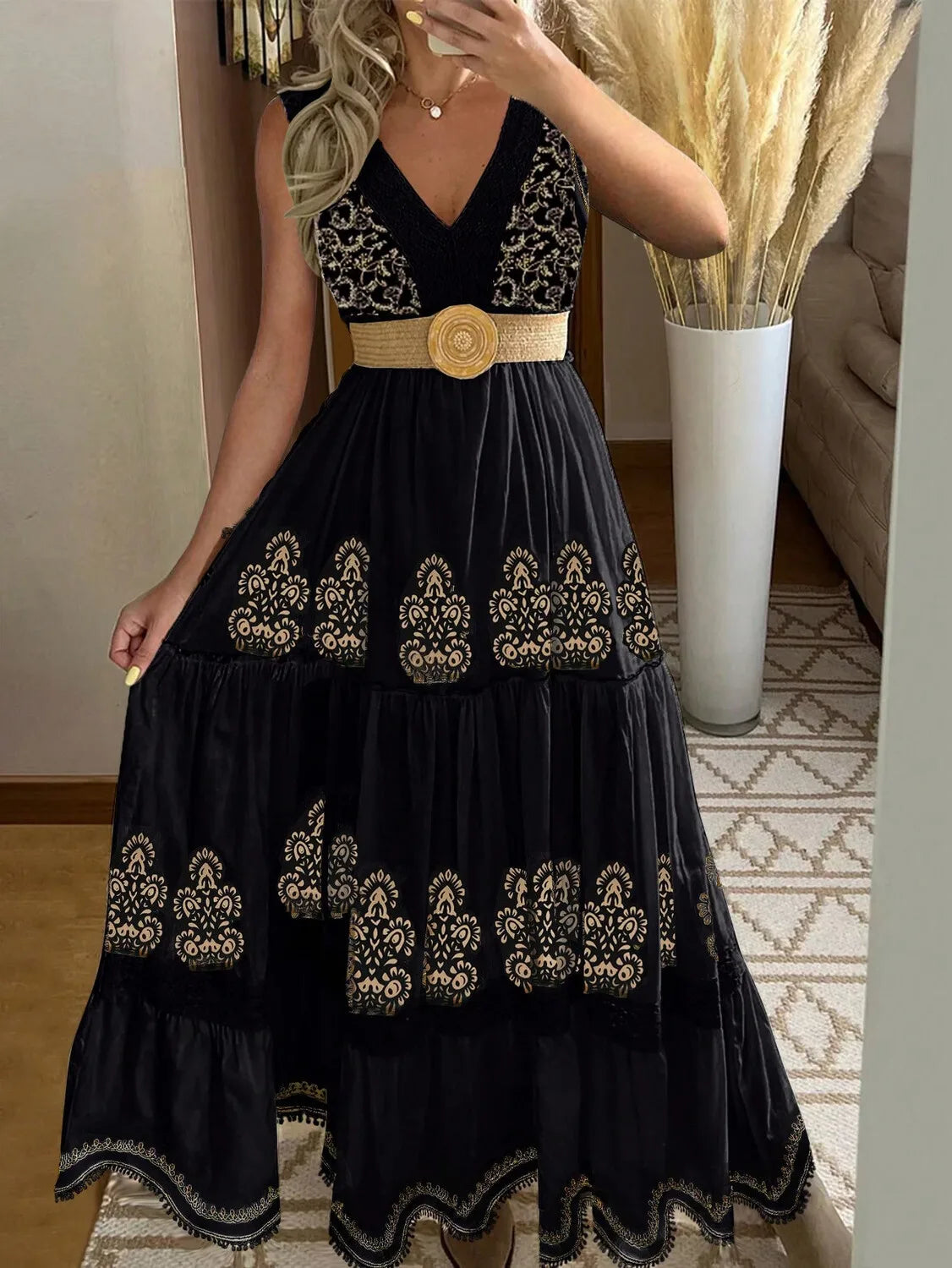 Bohemian Summer Beach Dress Sleeveless Floral Print V-Neck Flowy Maxi Dress for Women Resort Holiday Party Casual Outfit Fashion