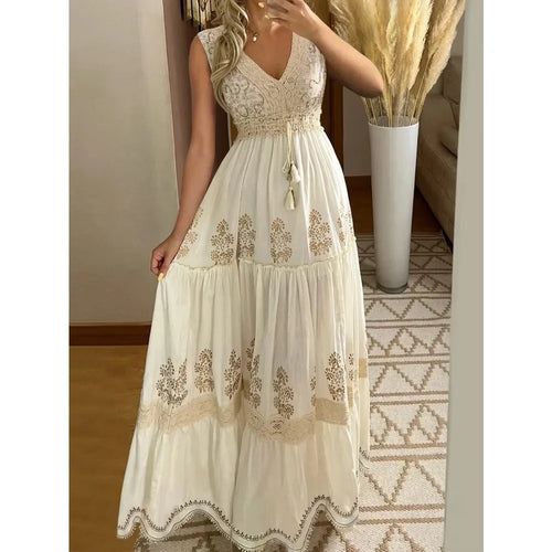 Bohemian Summer Beach Dress Sleeveless Floral Print V-Neck Flowy Maxi Dress for Women Resort Holiday Party Casual Outfit Fashion