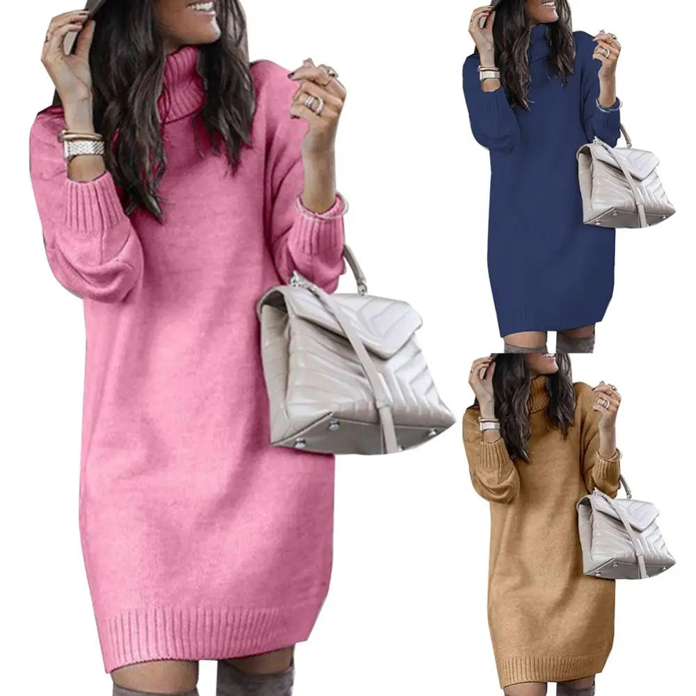 Knee-length Dress Loose Long Sleeve Women New Autumn Turtleneck Warm Knitted Sweater