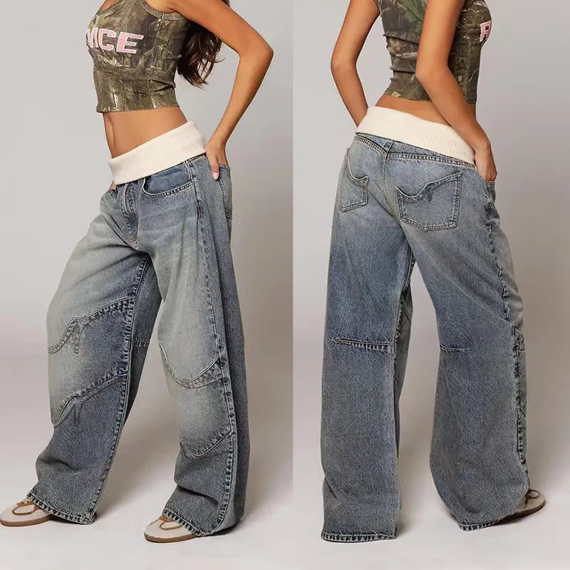 Baggy Retro Jeans Hip Hop Splice Fashion Jeans Basics Simple Wide Leg Pants Cargo Pants American Street Clothes
