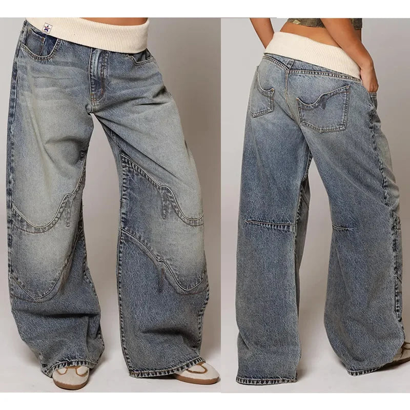 Baggy Retro Jeans Hip Hop Splice Fashion Jeans Basics Simple Wide Leg Pants Cargo Pants American Street Clothes