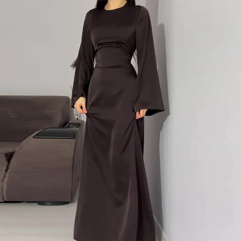 Women Clothing Solid Satin Dress with Belt